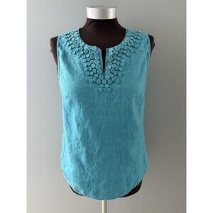 Talbots Linen Sleeveless Top Womens 8 Blue Dot Tank Boho Summer Coastal Whimsy